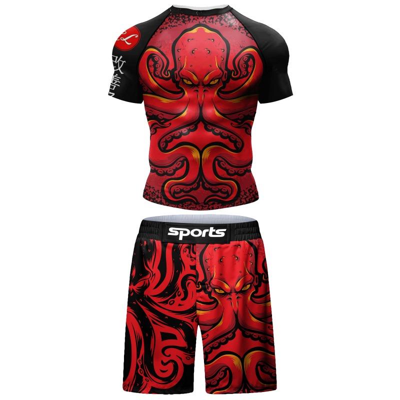 2 PCS Sports Suit Bjj Jiu Jitsu Gi Rashguard+MMA Shorts Muay Thai Pants Cool Boxing Grappling Wear Gym Fitness Running Clothes