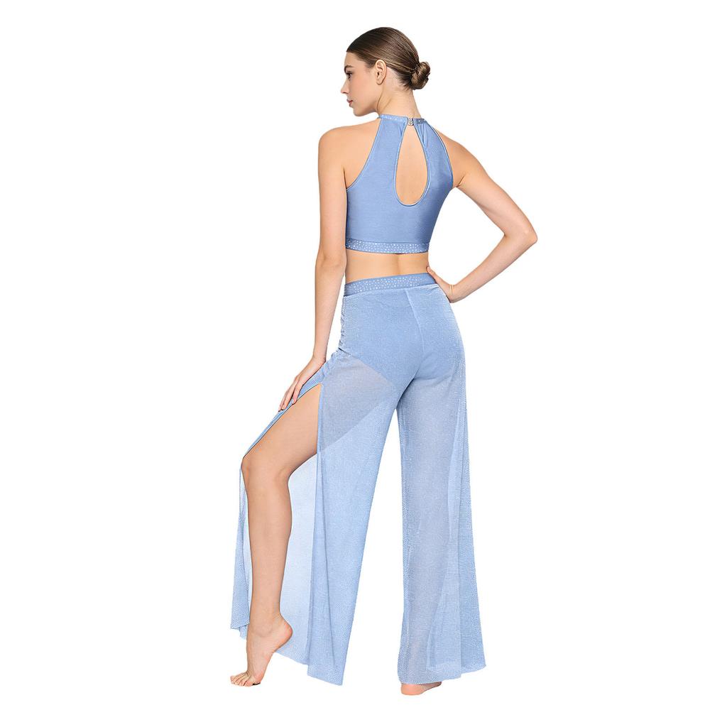 Womens Lyrical Dance Performance Outfit Sequin Hollow-out Tank Crop Top+Built-in Briefs Mesh Pants Modern Contemporary Dancewear