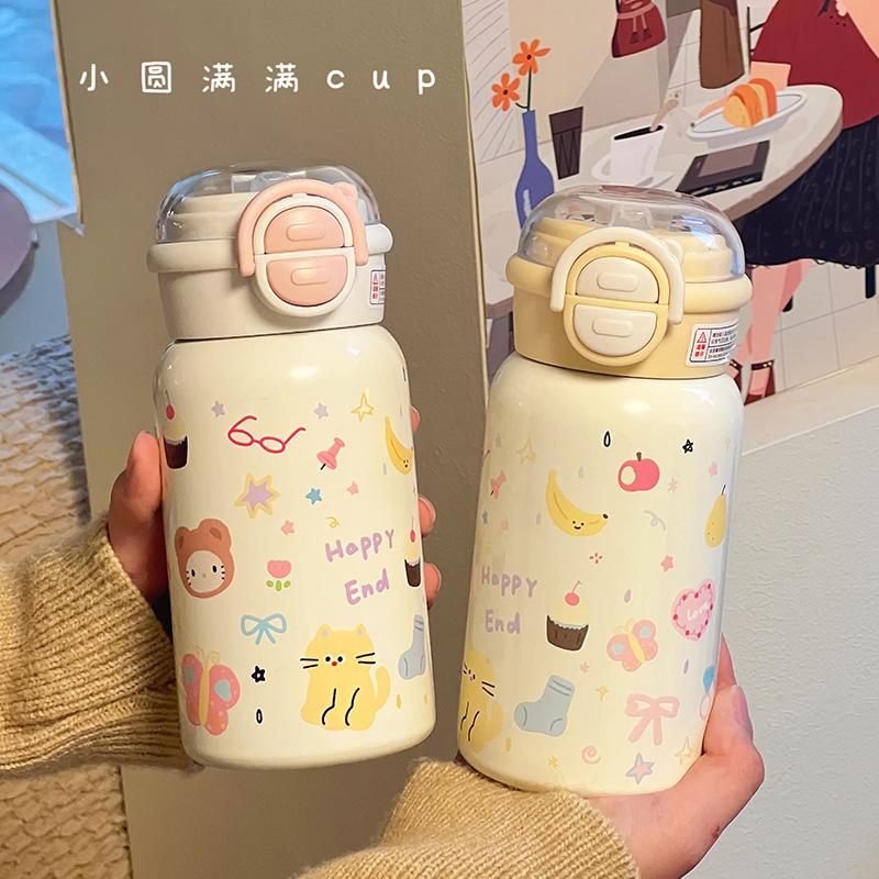 Thermos Cup Ins Wind New Girls High Value Straw Stainless Steel Large Capacity Portable Carrying Ring Student Water Cup