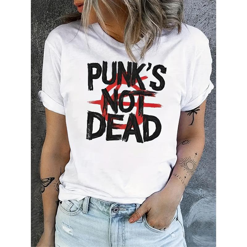 

European Size Women S Punk Style Pattern T-Shirt | Punk Never Dies Design, Summer and Spring Casual Round Neck Short Sleeve Top 4XL