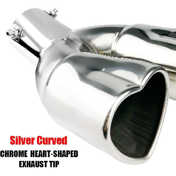 2.5 Inch Inlet Dual Exhaust Tips Muffler Tip,Chrome Heart-Shaped Exhaust Tip,Universal Bolt-On Double Tube Exhaust Muffler (Silver,Curved)