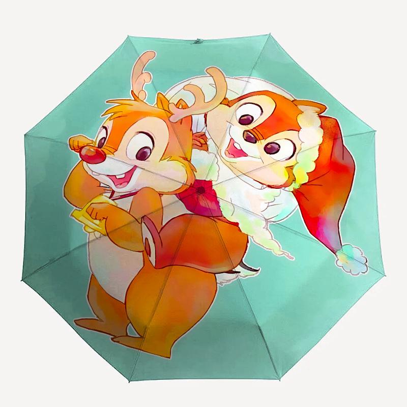 Chips and Dale, Christmas Themed Automatic Opening and Closing Umbrella, Brightly Colored 8-rib Portable Umbrella, Suitable for Men and Women, A Perfe