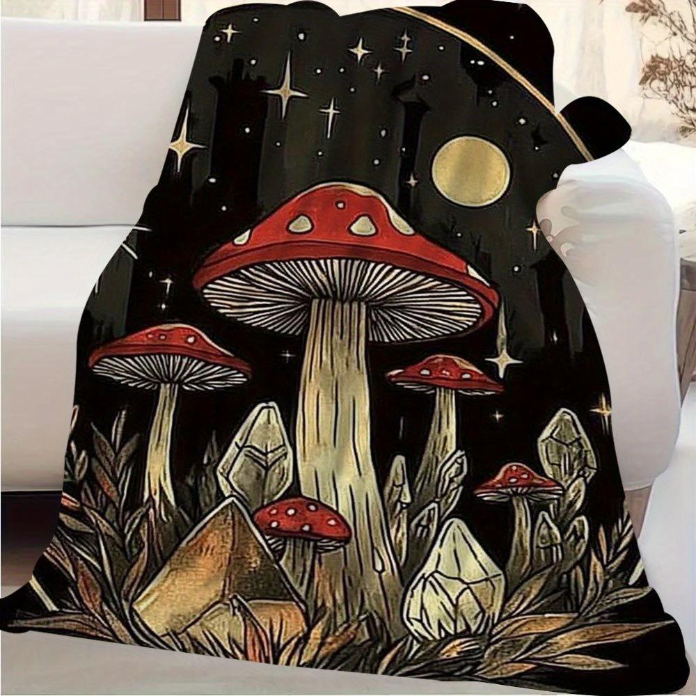 1pc 60x80 Inch Single-Sided Printed Blanket - Mystical Forest Design with Mushrooms, Crystals & Celestial Stars, Retro Style