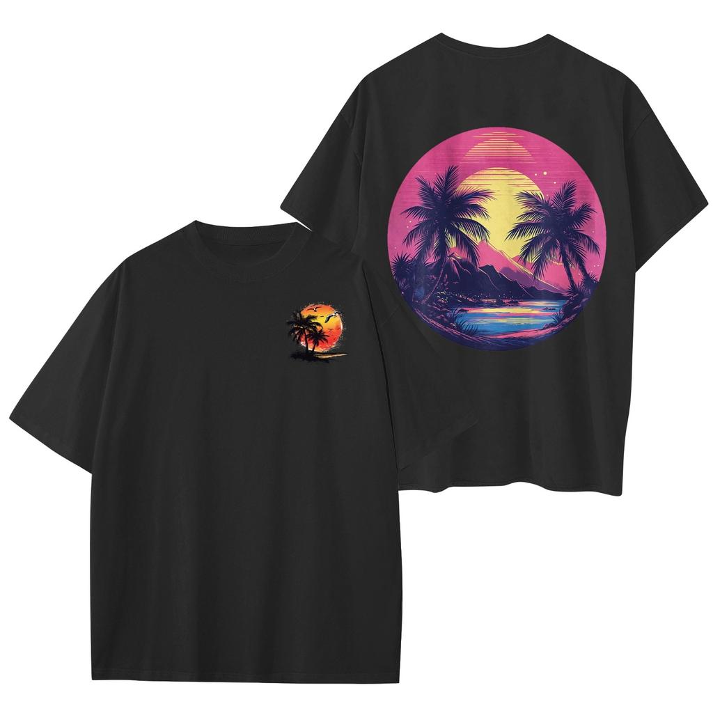 Women's Round Neck Fashionable Loose Hawaiian Print Short Sleeves