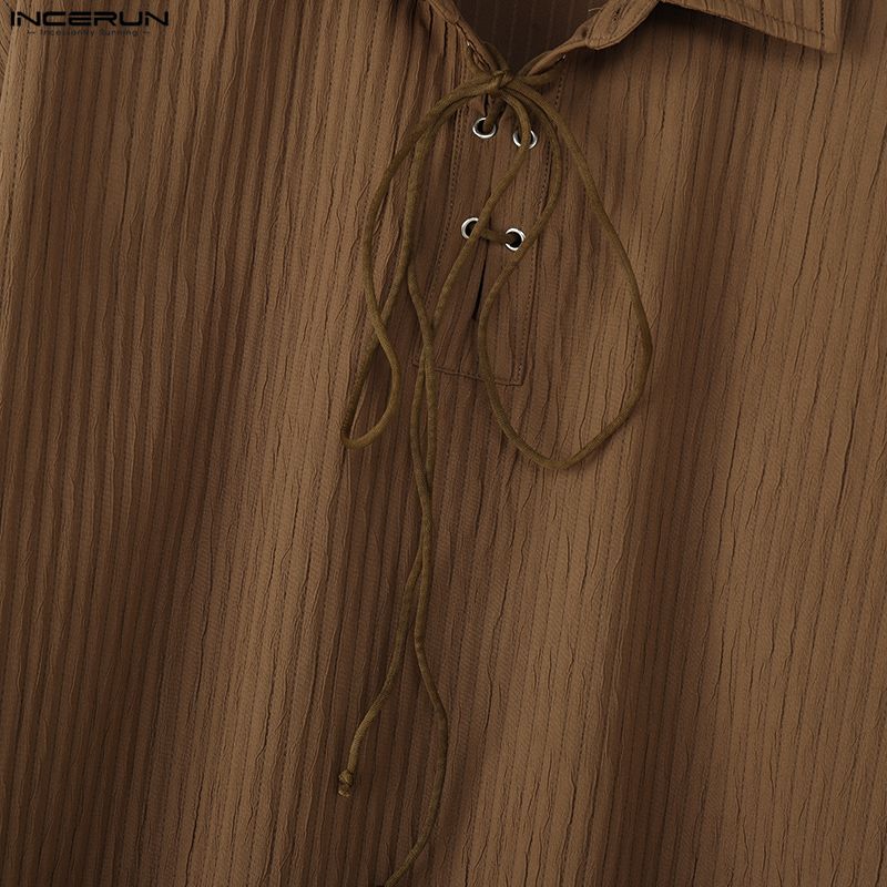 INCERUN Men Long Sleeve Bandage Eyelet Decorative Texture Casual Loose Pullover Tops