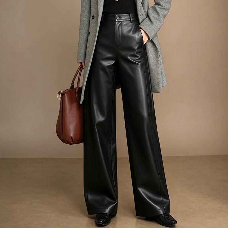 Womens High-Waisted Wide-Leg Cropped Pants PU