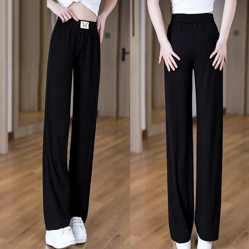 

Ice Silk Women s High-Waisted Wide-Leg Pants, Summer 2025 Slimming Design, Drapey & Loose Fit XL (110-125 jin) чёрный