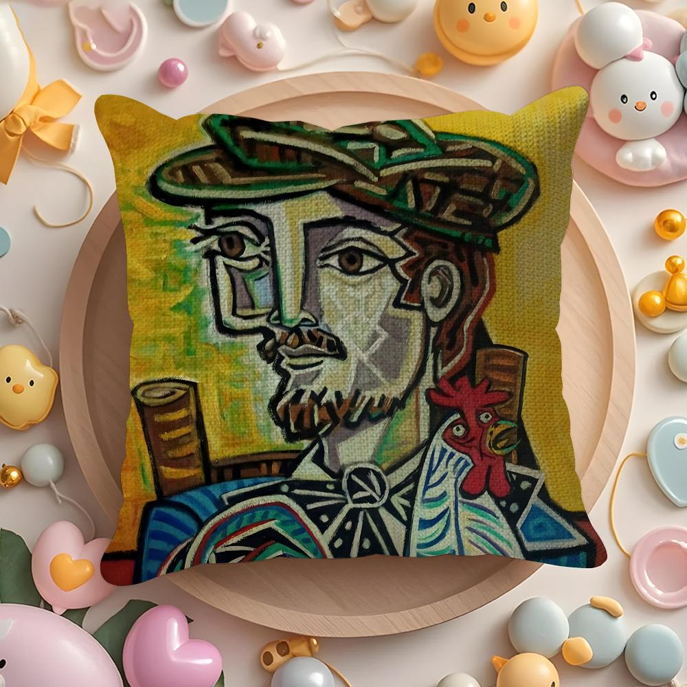 P-Picasso Oil Cushion Cover Linen Organic Fabric Double-Sided Printing Breathable Pillow Case Sofa Home Decor Gift