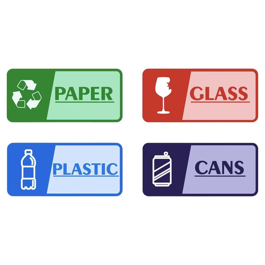 Vier selbstklebende und farbechte Recycling-Aufkleber für Mülleimer in Schulen und öffentlichen Bereichen.