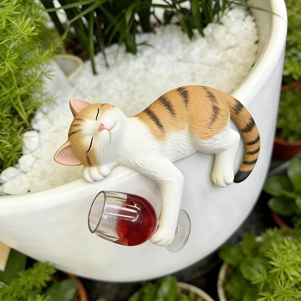 Realistic Cats Holding Red Wine Glass Statue Waterproof Cat Ornament Lying Kitty Ornament Patio