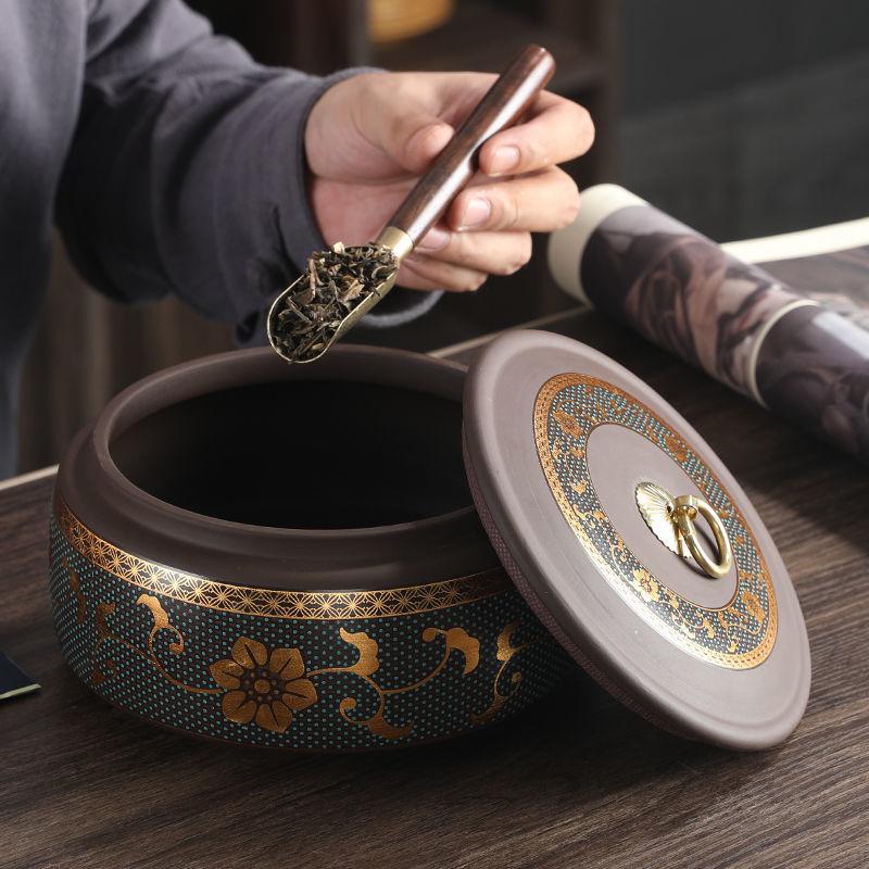Modern Purple Sand Ceramic Tea Pot Gilded Flower Porcelain Storage Jar Household Candy Coffee Bean Sealed Jar Storage Container