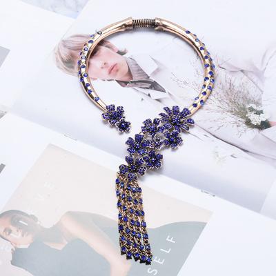Personality: Vintage Alloy Choker, Blue Rhinestones, Exaggerated Necklace Accessory, Long Clavicle Chain, Tassel Necklace