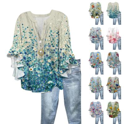 Women's Fashion Button V-Neck Ruffle Seven Sleeve Blouse Floral Printed Top