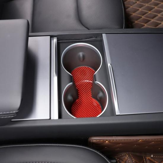 Red Carbon Fiber Center Cup Holder Water Mat Trim Sticker for Tesla Model 3 23+