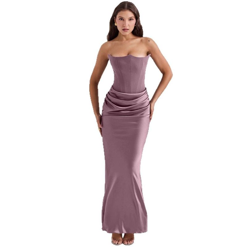 Strapless Sexy Pleated Solid Color Dress Tube Top Sexy Pleated Dress