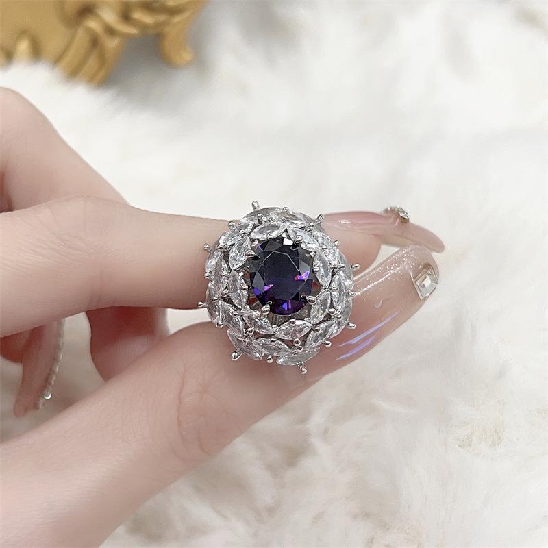 Women's Gemstone Zircon Ring: Purple, Full Diamond Inlay, Colorfast, High-End, Ultra Shiny for Live Broadcast