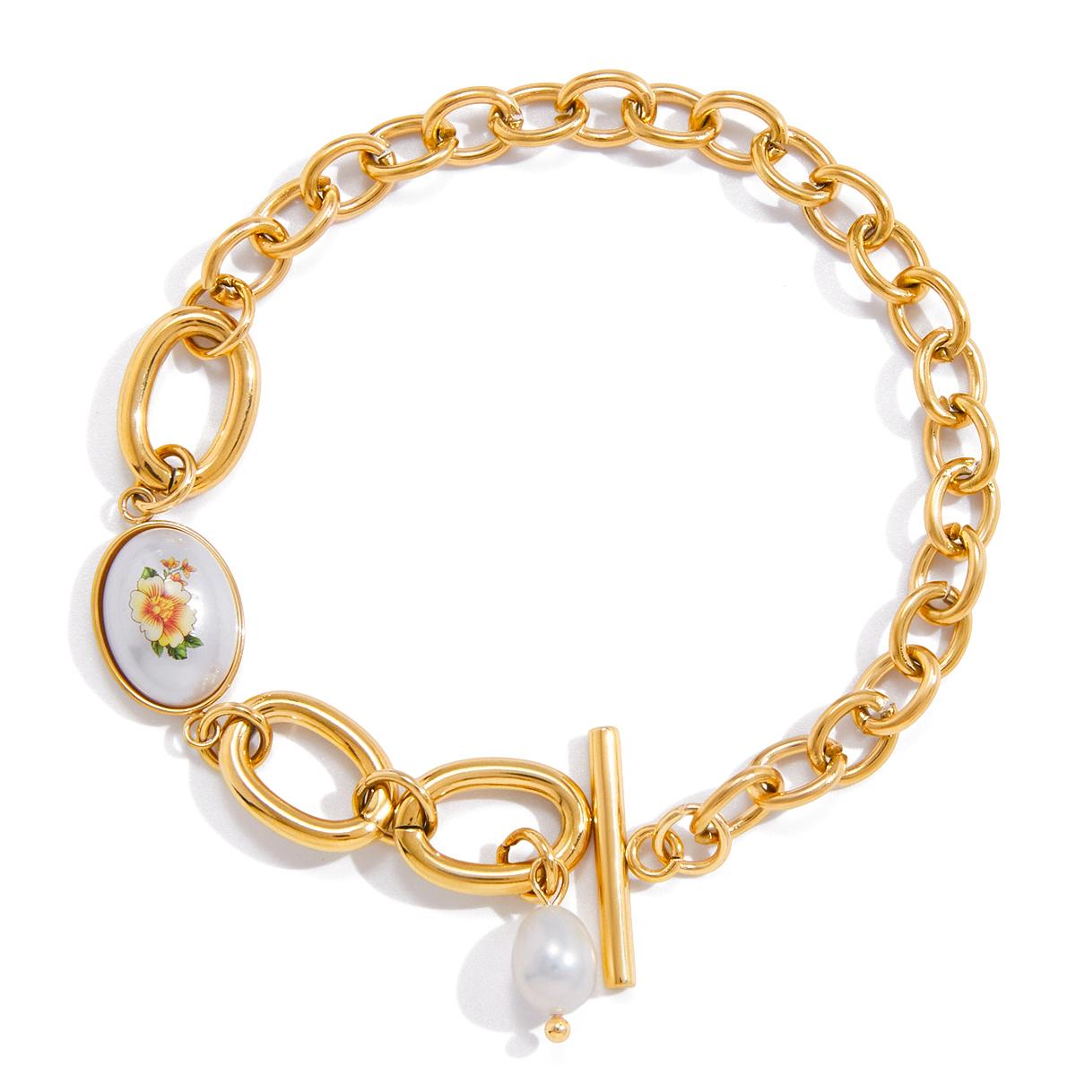 

Yori Luxury Floral Print Pearl Pendant OT Buckle Bracelet Women 18K PVD Plated High Quality Trendy Jewelry Accessories