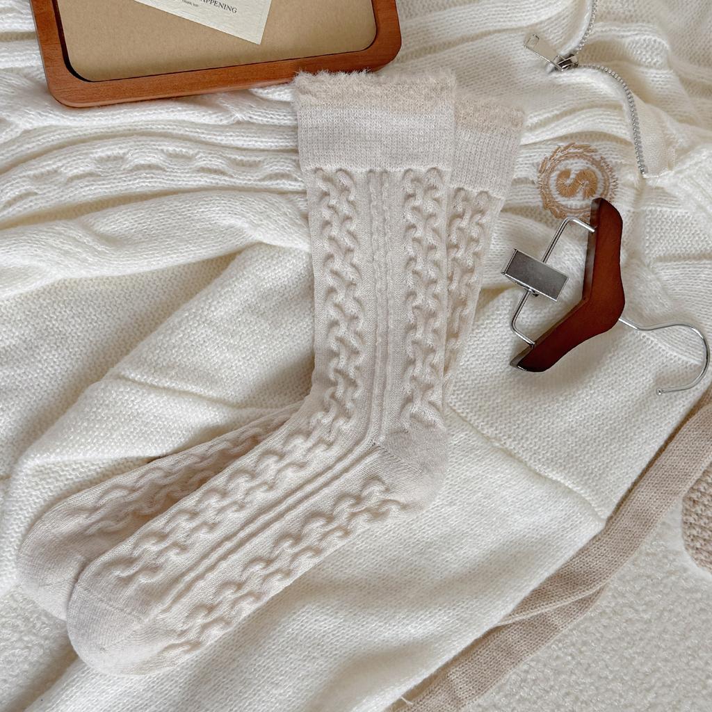 Wool Socks Children'S Warm Thickened Socks Fleece Medium Tube Socks Contrast Twist Striped Stacking Socks