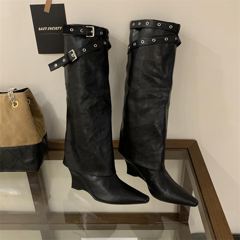 2025 European and American Pointed Wedge Heel Straight Pants Tube Boots White Belt Buckle High Boots But Knee Boots Sweet Cool Western Boots