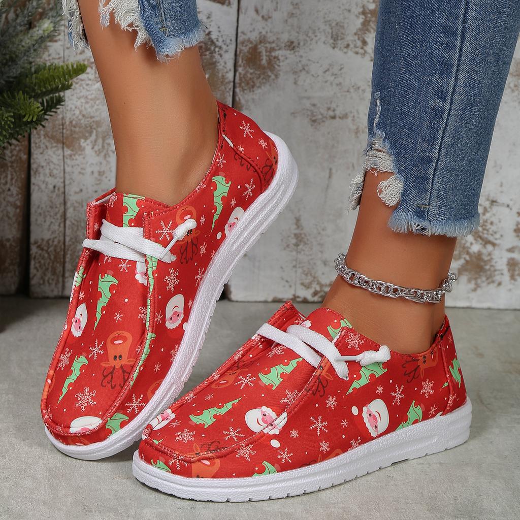 Large Size Casual Single Shoes for Women's Autumn New Santa Claus Printing Round Head Flat Bottom Comfortable Single Shoes for Women