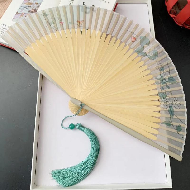 Ancient Chinese Style Small Dance Fan Summer Portable Hanfu Cheongsam Hand Held Fan Green Bamboo Ribs Single-Sided Folding Fan