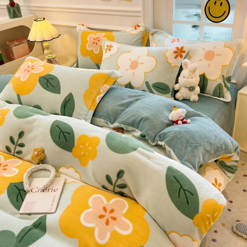 Thickened Milk Fleece Four-Piece Set, Coral Flange Double-Sided Fleece Quilt Cover, Bed Sheet, Bed Hat Three-Piece Set
