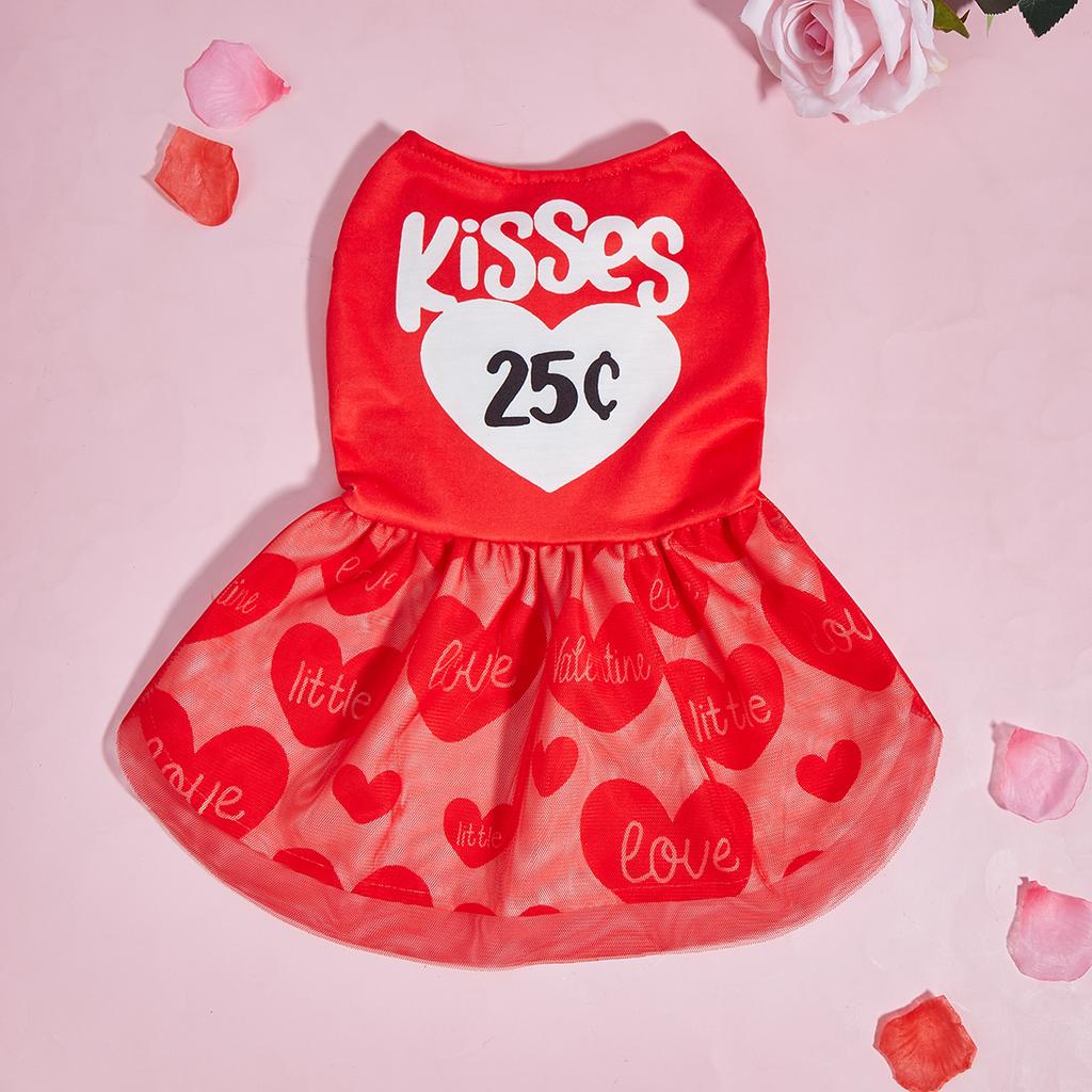 Dog Dress for Small Dogs Costume Kisses Heart Printed Puppy Clothes with Tulle Doggie Pet Cat Comfort Clothes Apparel Valentine