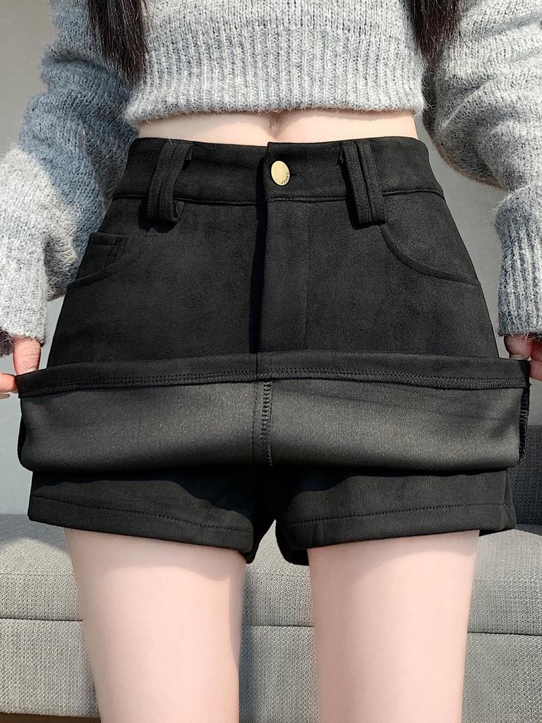 Retro Coffee Suede A-line Mini Skort for Women - Autumn/Winter High Waist Slimming Design
