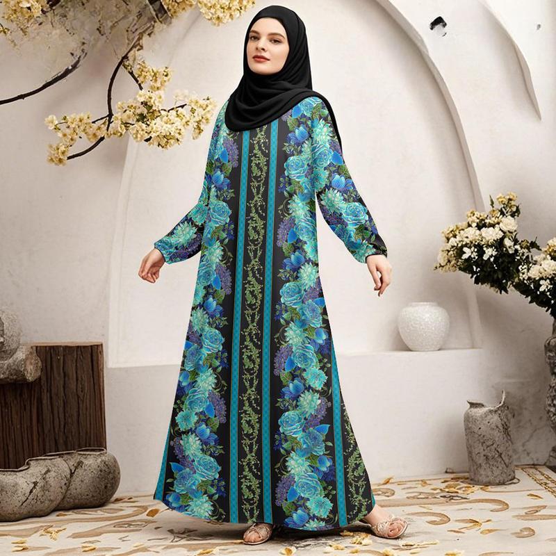 

Женское платье макси, классический стиль, цветочный принт, длинные рукава, подходит для отпуска на открытом воздухе и повседневной носки, свидание: 2025 5XL зелёный