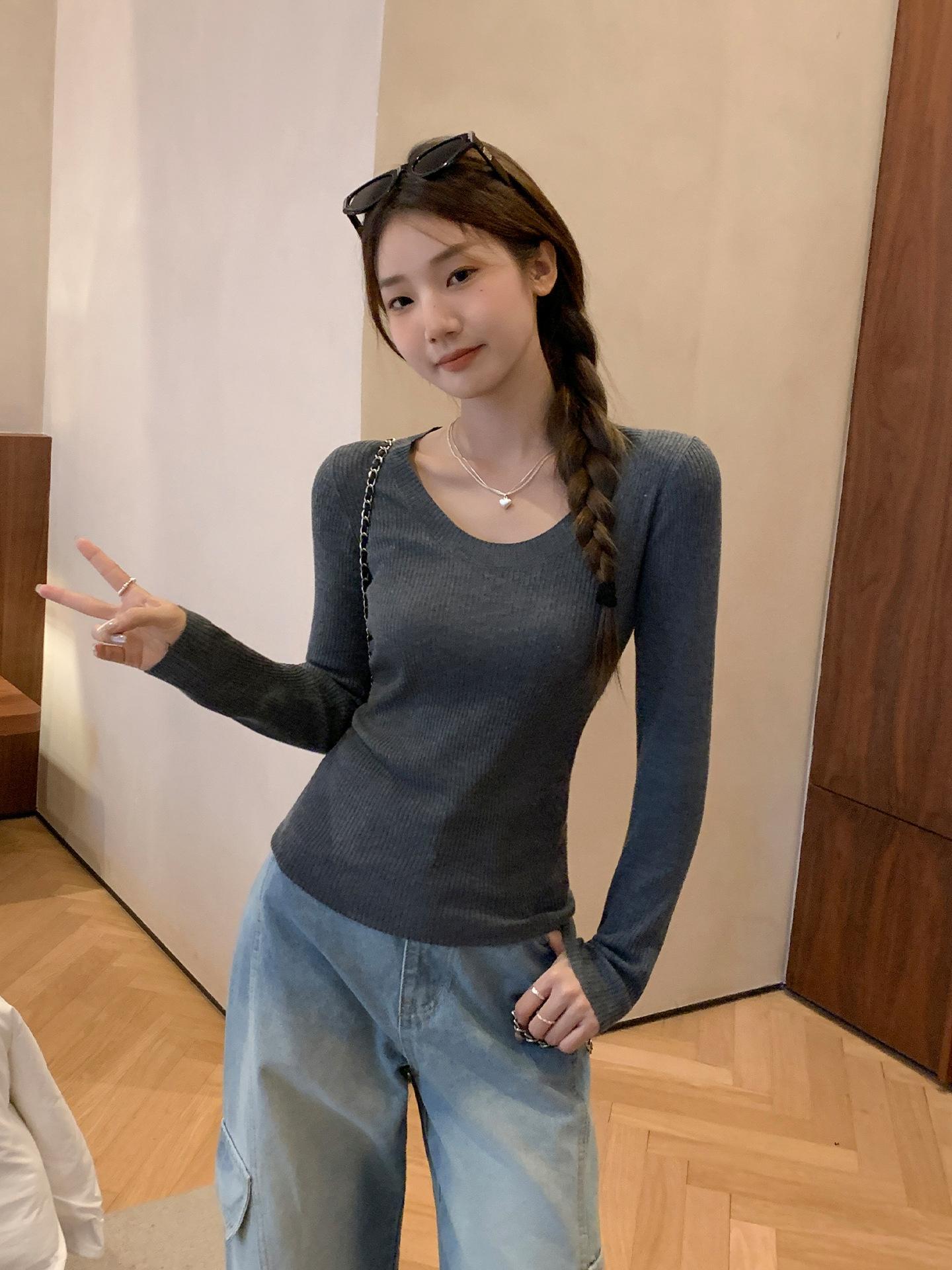 

Pure desire style dark gray round neck long-sleeved knitted sweater women s autumn slim-fitting inner bottoming shirt temperament top One size fits all темно-серого