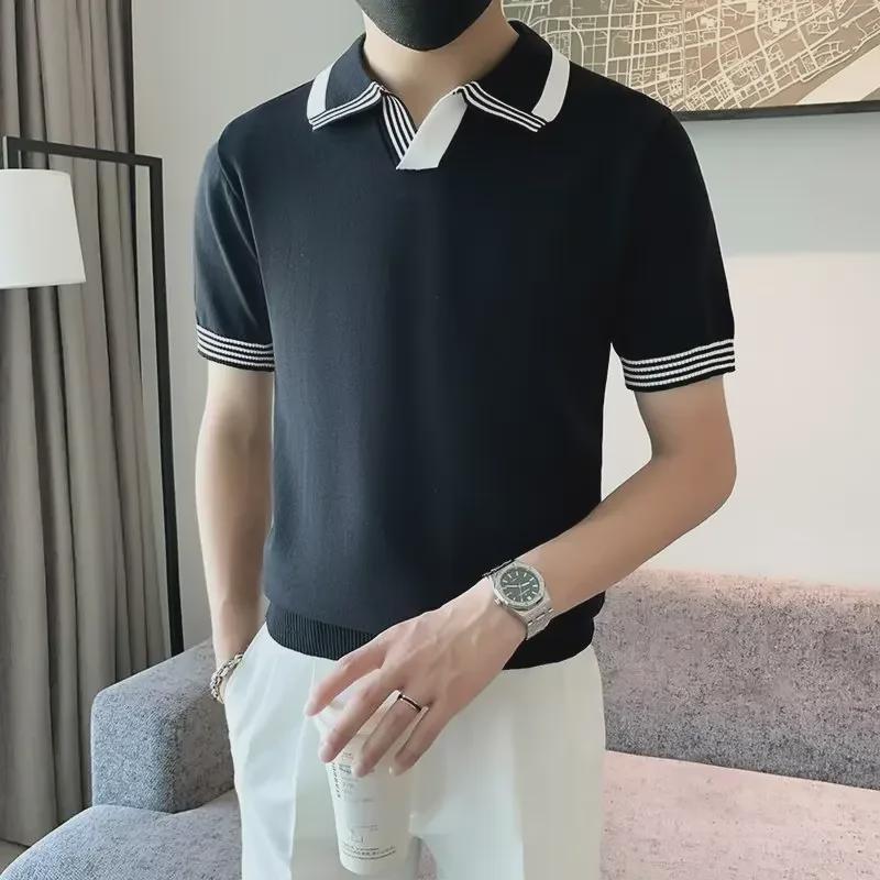 2024 Summer High-Quality Contrast Color Slim V-Neck Ice Silk Polo Shirt