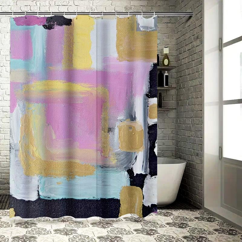 Modern Abstract Shower Curtain Bathroom Decor Artistic Colorful Pink Gold Blue Yellow Black Gray Size Customizable Waterproof Fa