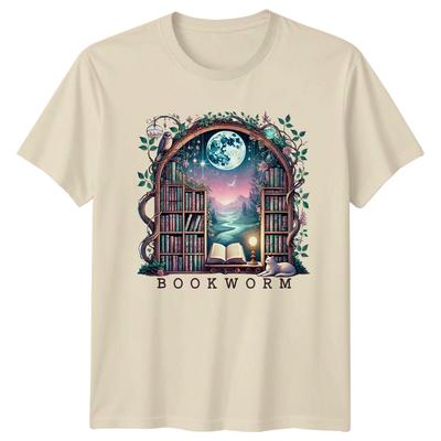 Bookworm Scene TShirt Fantasy Books Reading Owl Cat Moon