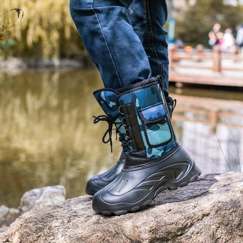 Fashion Men's Mid-calf Rain Boots Outdoor Non Slip Waterproof Fishing Boots Winter Plush Warm Snow Boot Plush Cotton Rain Boots for Men