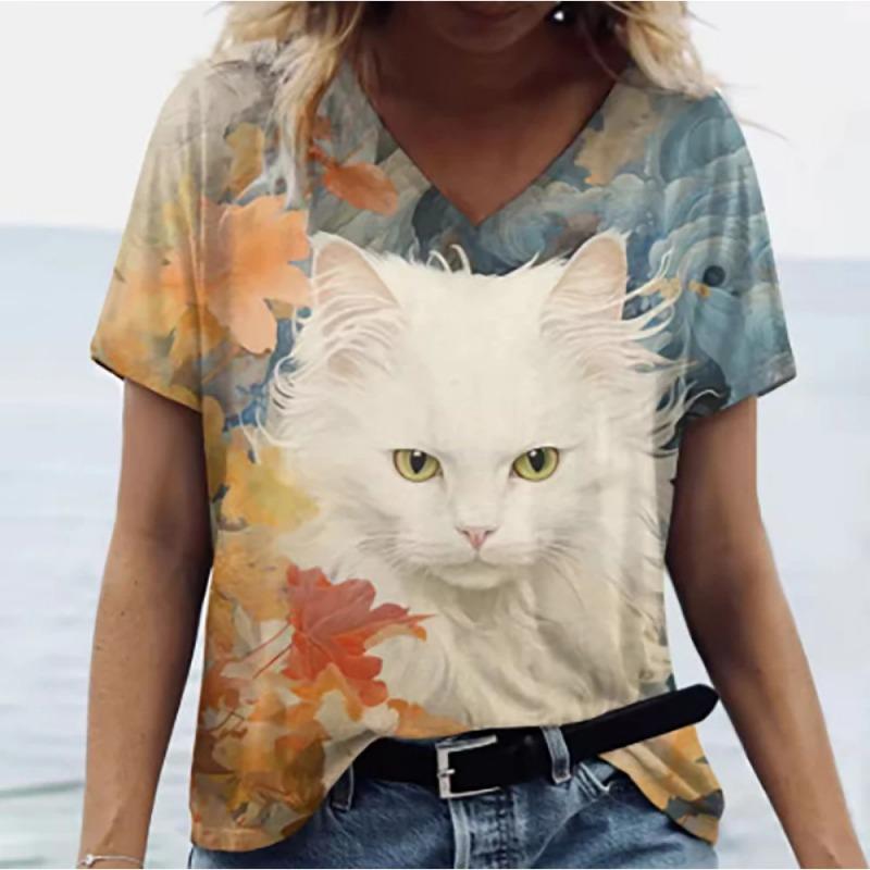 Women's V-Neck Short Sleeve T-Shirts Animals Printed Summer Clothing Cute Cartoon Cat Woman Tshirts Oversized Tops Clothing Tops
