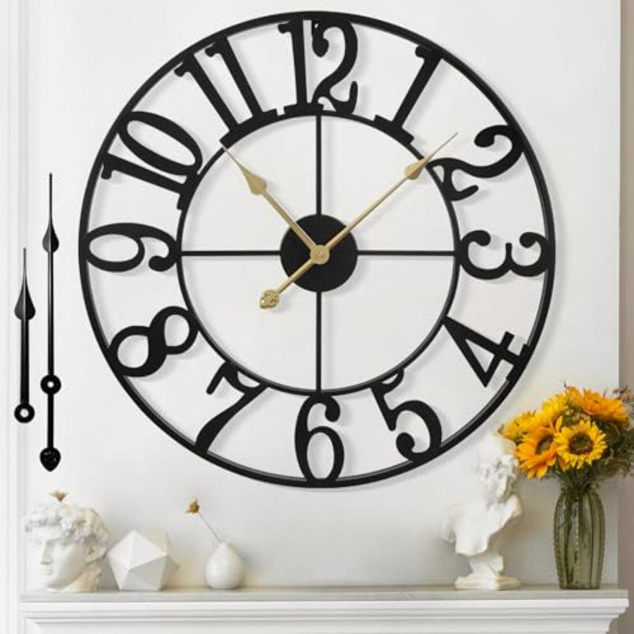 

Large 60cm Silent Non-Ticking Metal Wall Clock for Living Room Decor - Battery Operated Vintage Modern Clock in Black for Bedro