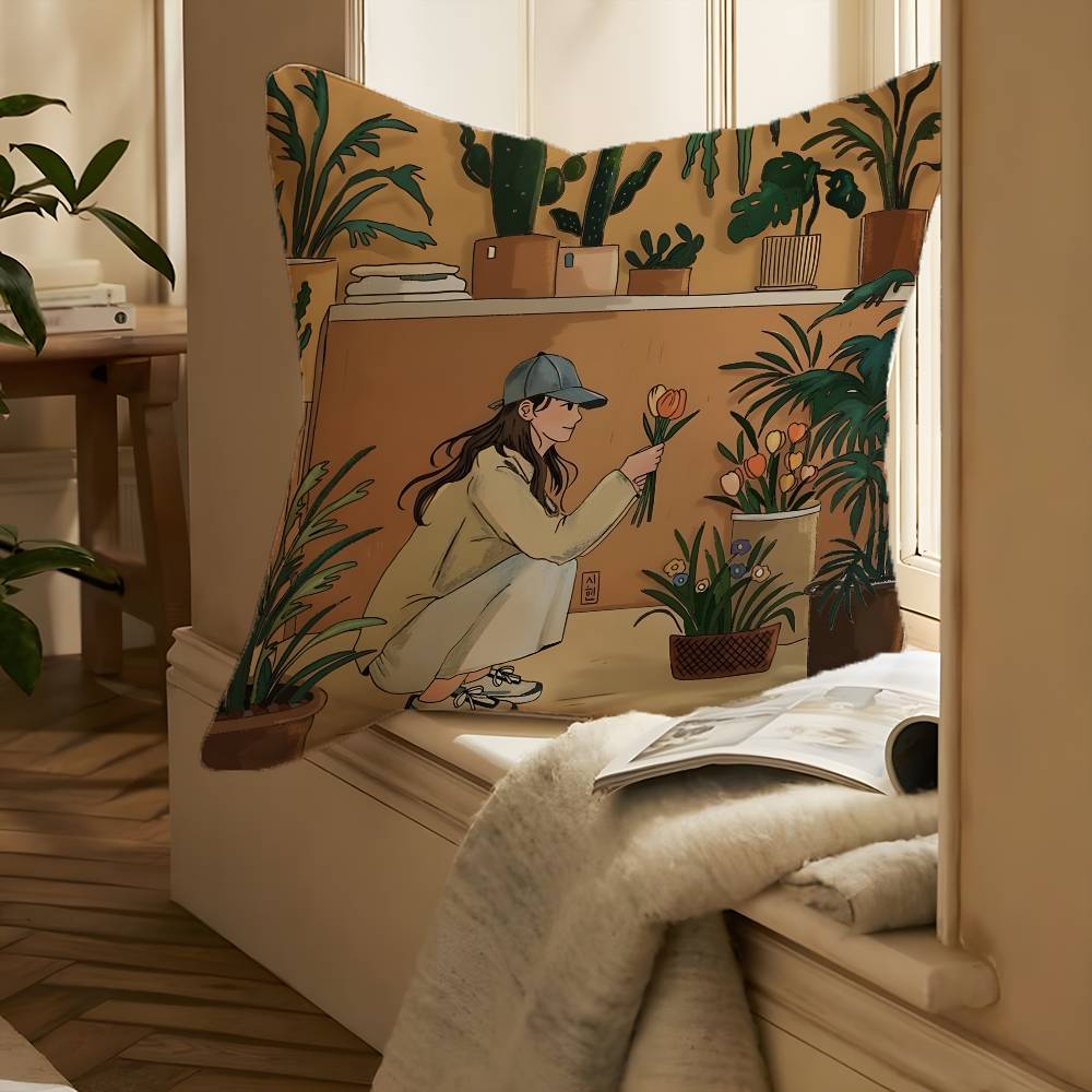 Elegante Einfache Blumenzüchtendes Mädchen Kissenbezug Druck Kissenbezug Wohnzimmer Sofa Kissenbezug Schlafzimmer Zimmerdeko