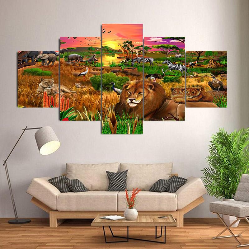 5Panels Tropical Jungle Plant and Animal Landscape Canvas Painting Posters and Prints Wall Art Home Decor for Kids Room No Frame