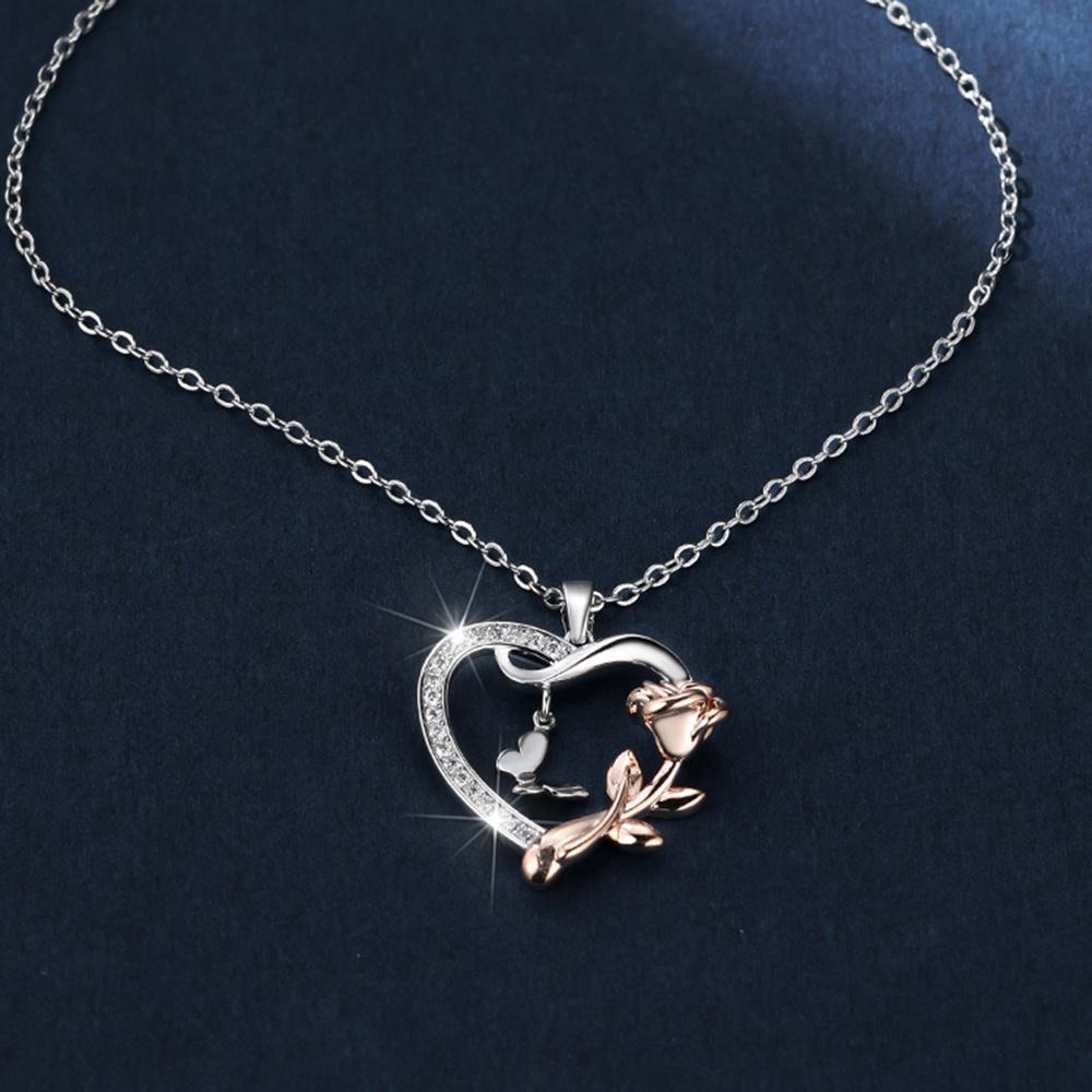 Female Crystal White Zircon Stone Rose Flower Butterfly Heart Pendant Necklace Vintage Silver Color Wedding Jewelry For Women
