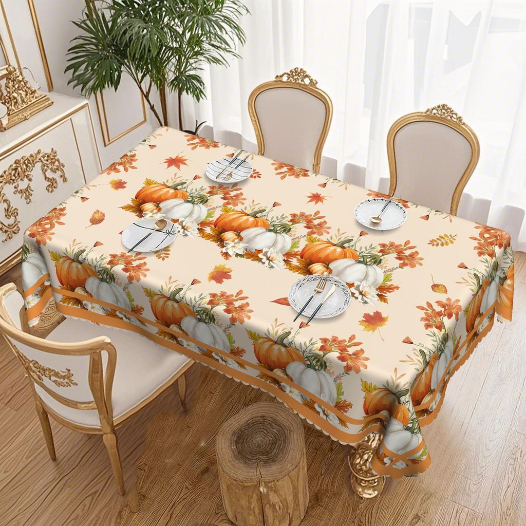 1 Piece, Waterproof And Dirt-Proof Polyester Thanksgiving Tablecloth, Autumn Pumpkin Tablecloth, Suitable For Long And Round Tables