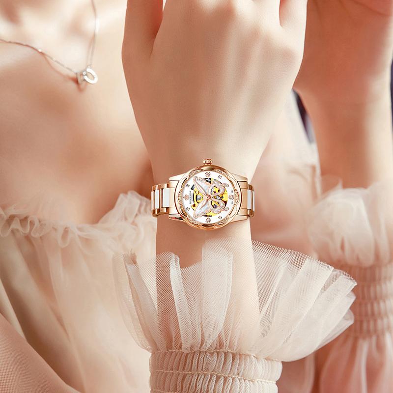Fashion Women Mechanical Watch Waterproof Luxury Brand Ladies Automatic WristWatch Ceramic Hollow Clock