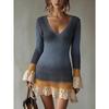 New Women's V-neck Long Sleeve Slim Fit Knit Sweater Mini Dress, Fashion Fall Outfit for European American Style