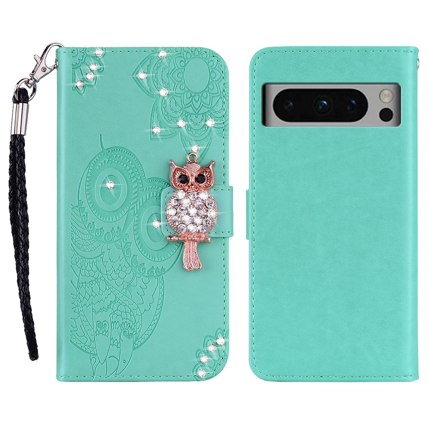 

Phone Case for Google Pixel 8 Pro,PU Leather+TPU Shell Rhinestone Imprinted Pattern Stand Wallet Cover Cyan