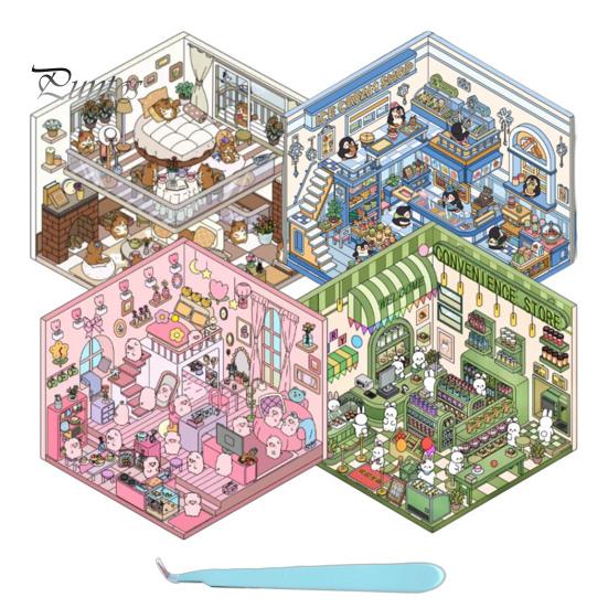 

4 комплекта DIY 3D наклейки для дома с пинцетом Создайте свою собственную мини-комнату, сцену для супермаркета, кафе, ресторана, книжного магазина, наклейки для взрослых и детей, стресс B