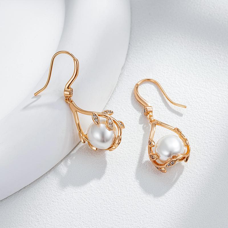 Pearl Long Drop Earrings For Women Trendy  Rose Gold Color Natural Zircon Vintage Flower Party Fine Daily Jewelry