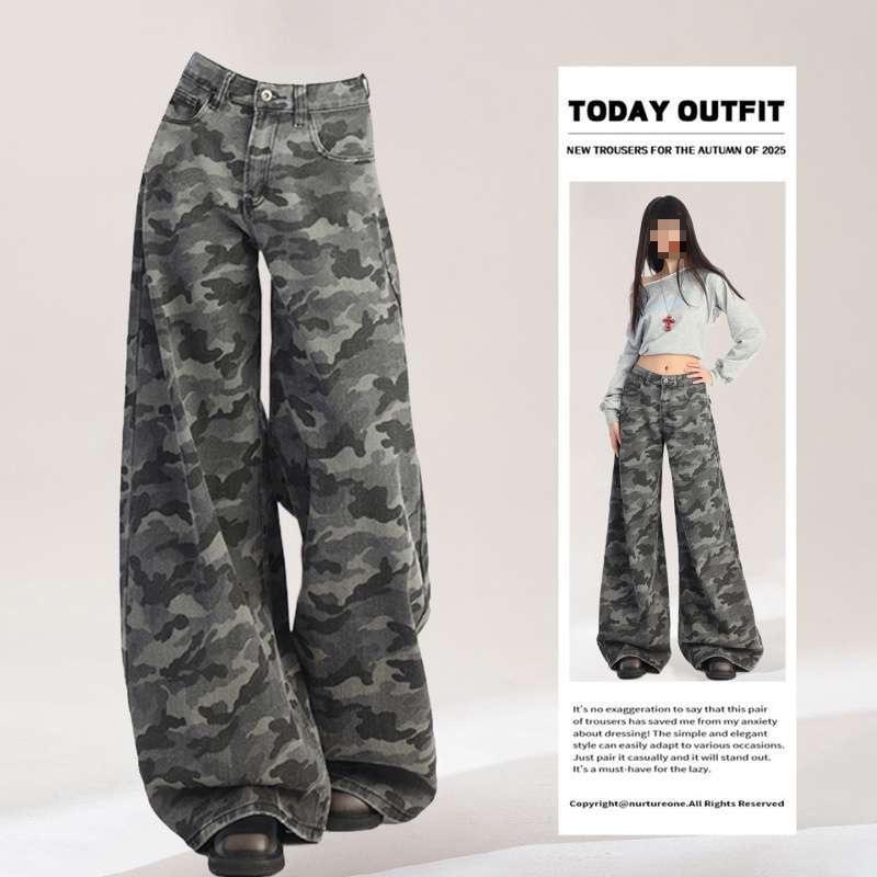 Women s High-Waist Camouflage Wide Leg Jeans - Autumn/Winter Retro Style XS