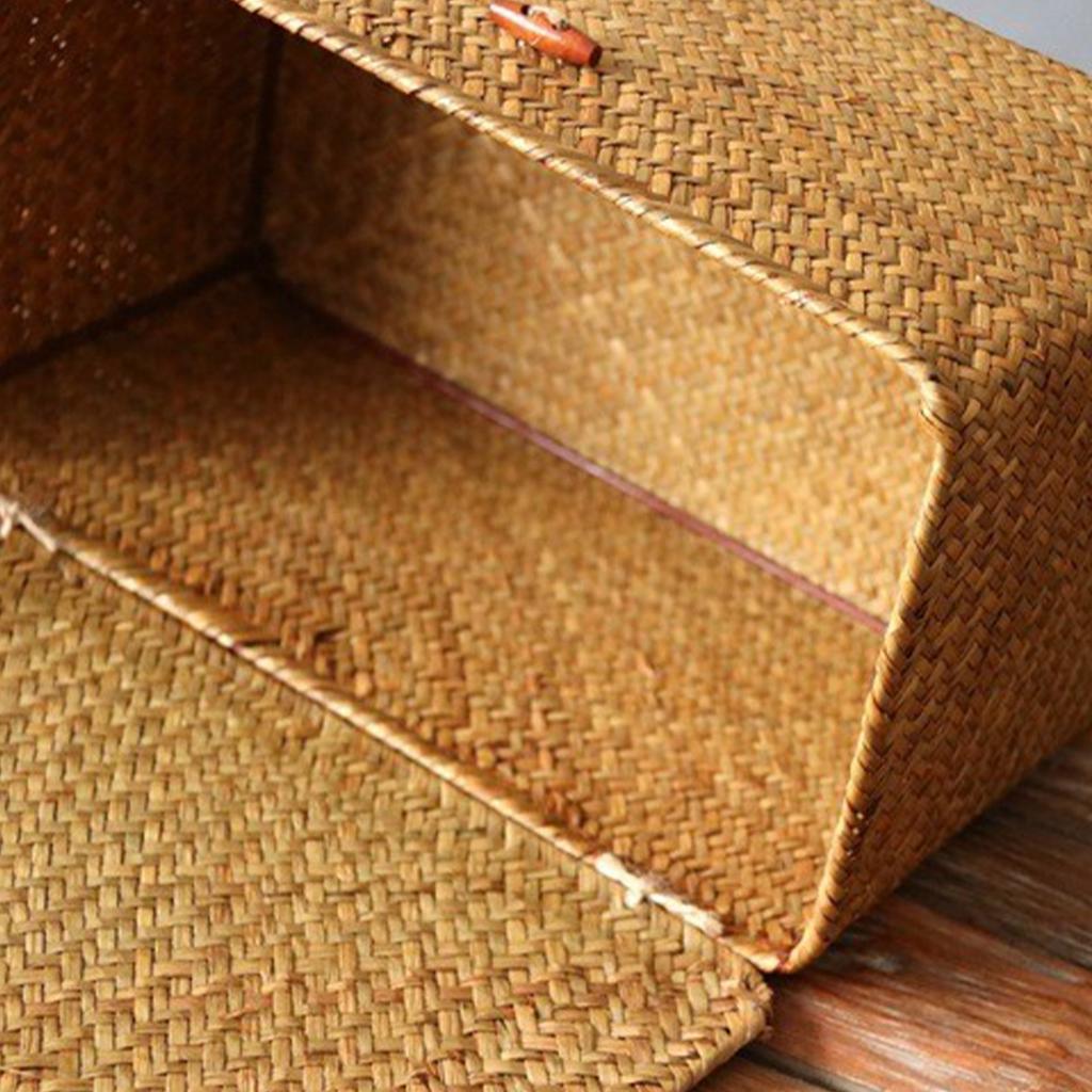 Hand-Woven Straw Storage Box with Lid Natural Rattan Organizer Basket for Home Office Decor Vintage Style Decorative Bin
