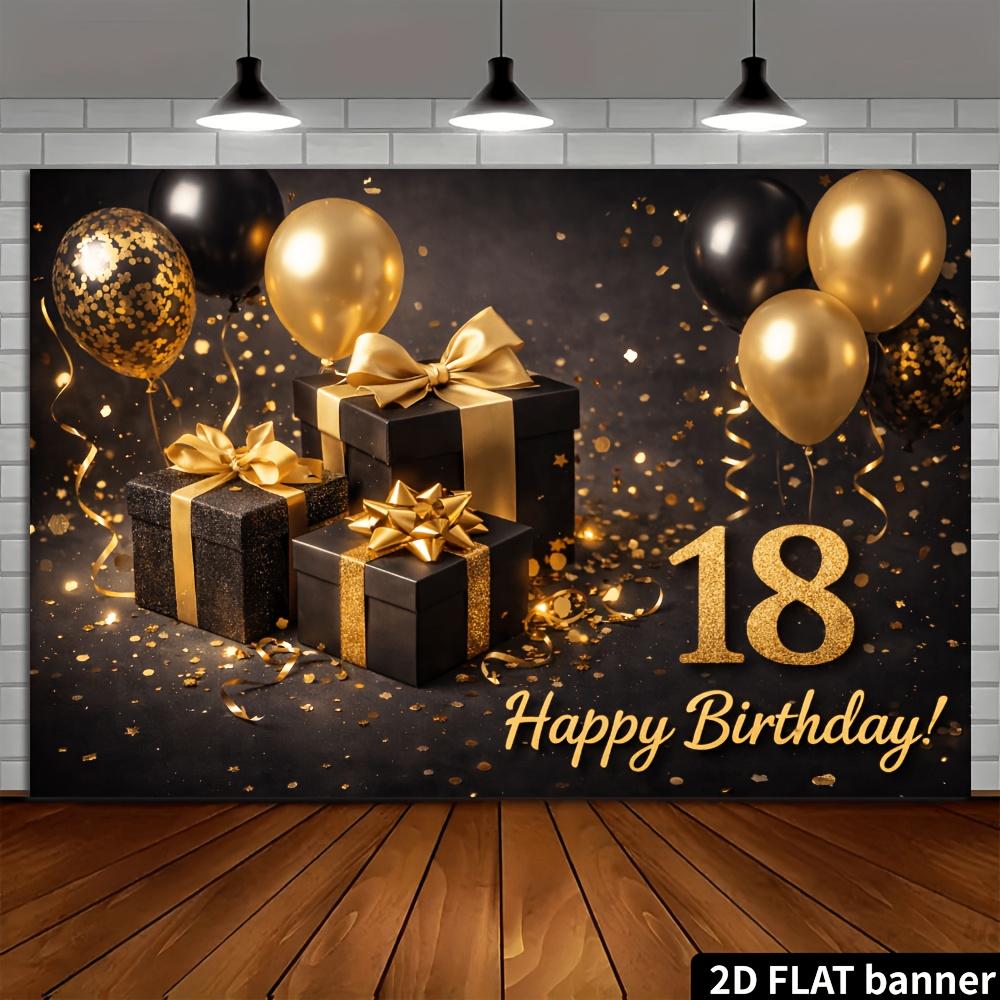 Sfondo per festa di compleanno a tema nero e oro per diciottenne, tessuto con numeri dorati scintillanti 18 e Buon Compleanno