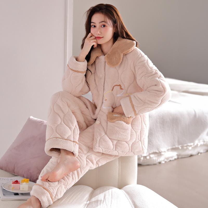 Pajamas Women'S Fleece Thickened Winter Coral Fleece Three-Layer Padded Warm Cardigan Loungewear Set