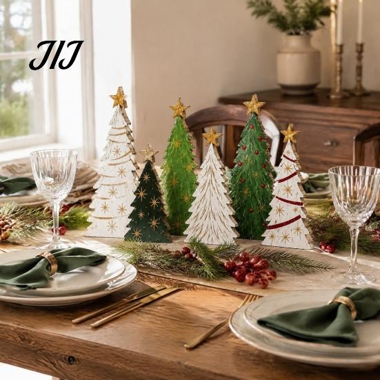 Miniature Festive Desktop Displays 6Pcs Wooden Christmas Tree Tabletop Decor Set, Rustic Star Topped Natural Wood Tiered Tray Mini Figurines,